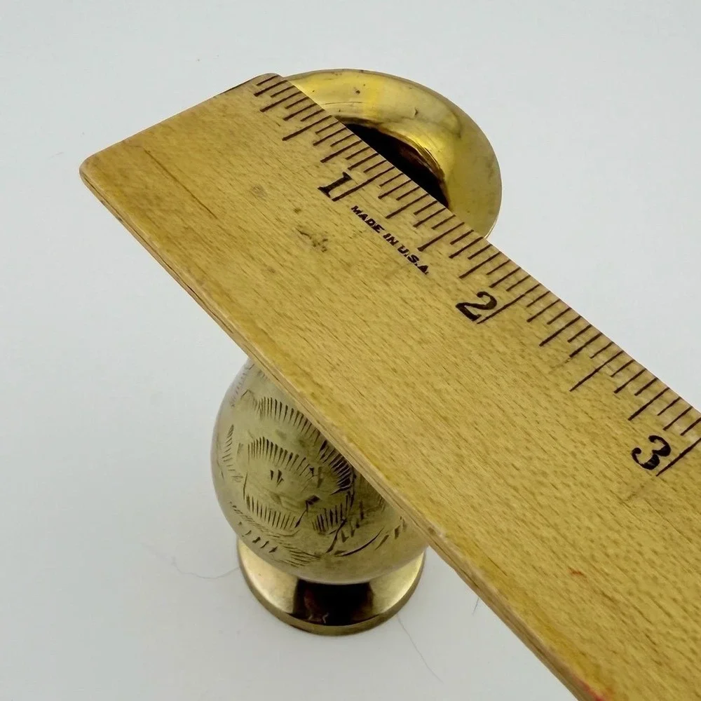 Small Gold Tone Etched Brass Bud Vase Scenic Hand Engraved Decor